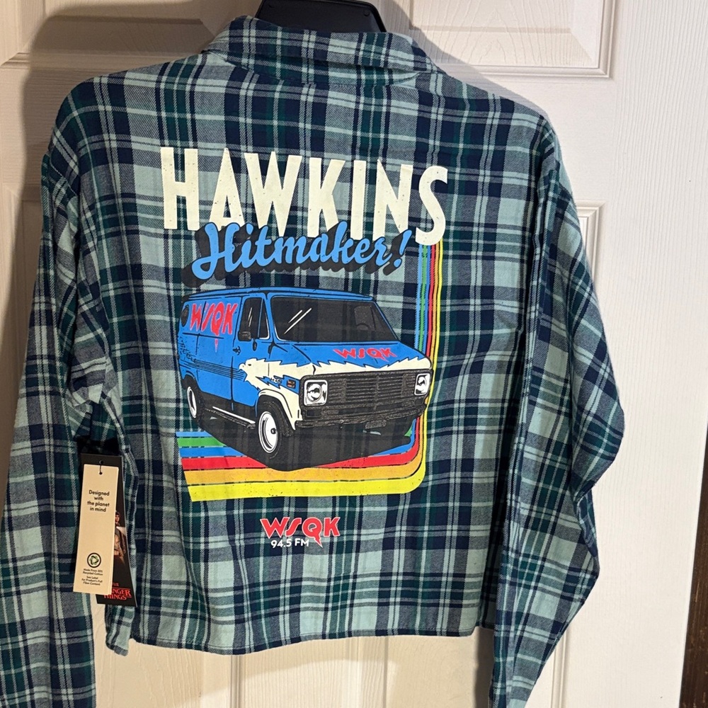 Stranger Things WSQK 94.5 FM Graphic Plaid Button-Up Shirt Blue Green NWT Small